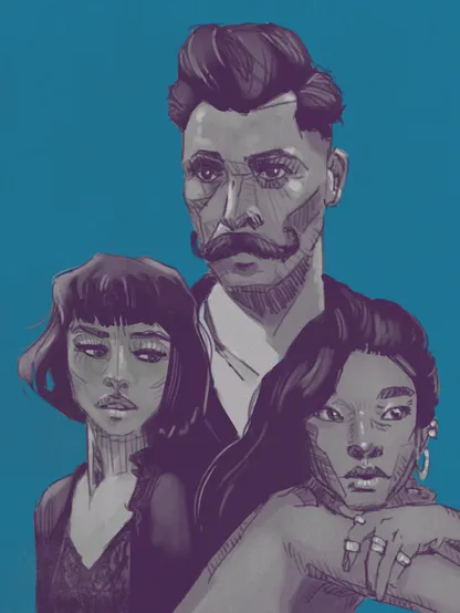 3 monochrome sketchy digital portraits on a blue background

Top/center is a man with a mustache.  Bottom right is a woman resting her chin on her arms. she has many rings and earrings and long hair. Bottom left is a woman with shorter hair, looking towards the first woman.
