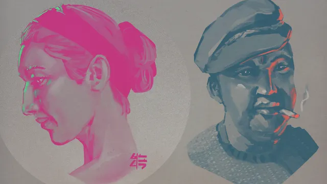 two digital portraits:

to the left, a woman looking down to the left, all in pink, lit by green.

to the right, a man wearing a hat, smoking a cigarette. he is painted in blue, lit by red coming from the cigarette