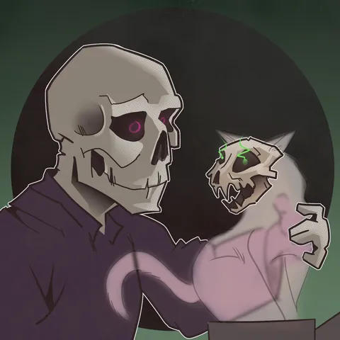 Digital illustration of a skeleton-faced person with their arm around a ghostly cat.