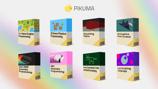 Pikuma logo with a list of video books that are currently available for purchase (C++ Game Engine Programming, 2D Game Physics, Raycasting, 3D Programming, Atari 2600 Assembly, NES Programming, etc.)