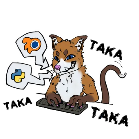 A drawing of my foxcat fursona typing on a keyboard while grinning mischievously, with icons of Blender and Python in bubbles, implying I'm doing some scripting in Blender.