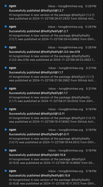 A screenshot of the inbox with nine new mails from npm.