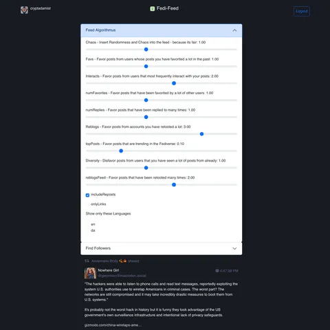 Control panel showing how the Mastodon feed algorithm can be adjusted with a bunch of sliders.