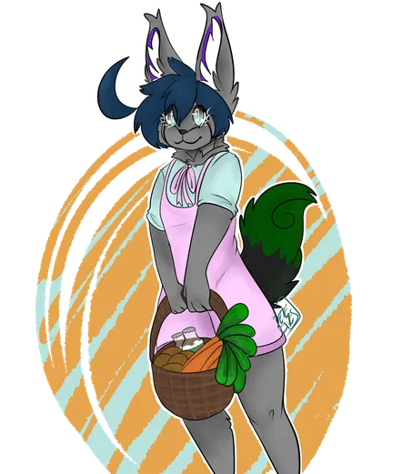 Anthropomorphic grey fox. He's wearing pink overall shorts and a blue blouse underneath. It's tied at the neck with a pink ribbon. He's holding a basket of various vegetables and milk.