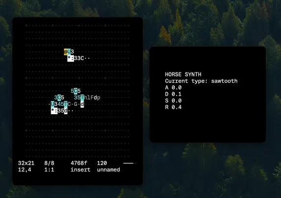 Two command line windows, one running Orca, the other running something called "HORSE SYNTH". Extremely basic controls for wave shape and ADSR are visible.