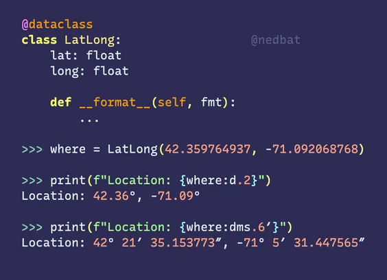 A latitude/longitude class that can be formatted in various ways.  Full text at https://gist.github.com/nedbat/4deeb3c4277bb29bf55bf5fb1d11b33e