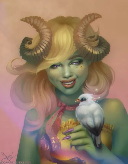 A green tiefling smiling at her white pet bird. Commission.