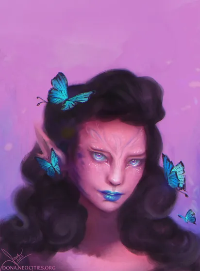 Sketch-portrait of a pink sylvari surrounded by blue butterflies.