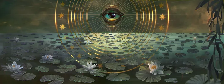 A large magic eye watching over a lake of water lilies.