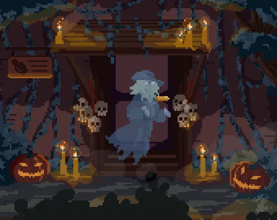 Cover image for the game: the ghost of a witch, with long light hair and glasses is floating outside a building. There are jack-o'-lanterns and candles providing light.