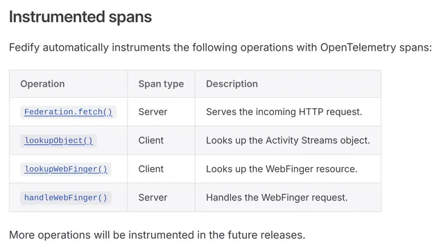 Instrumented spans

Fedify automatically instruments the following operations with OpenTelemetry spans:

Operation	Span type	Description
Federation.fetch()	Server	Serves the incoming HTTP request.
lookupObject()	Client	Looks up the Activity Streams object.
lookupWebFinger()	Client	Looks up the WebFinger resource.
handleWebFinger()	Server	Handles the WebFinger request.

More operations will be instrumented in the future releases.