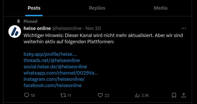 Das Bild zeigt den letzten Post von heise online vom 20. November, in dem es heisst, dass dieser Kanal nicht mehr aktualisiert wird. Zudem werden die anderen social-media-Kanäle aufgeführt, auf denen heise online aktiv ist, u.a. der Mastodon-Kanal. 