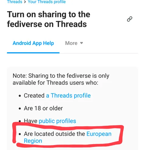 Threads help screen advises that only user located outside EU can share their posts to adtivityPub