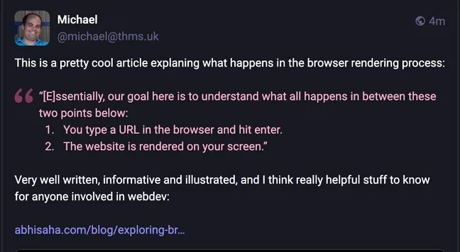 Screenshot of the same post on mastodon showing the post easily readable, with not only the quotation highlighted, but also numbered list.