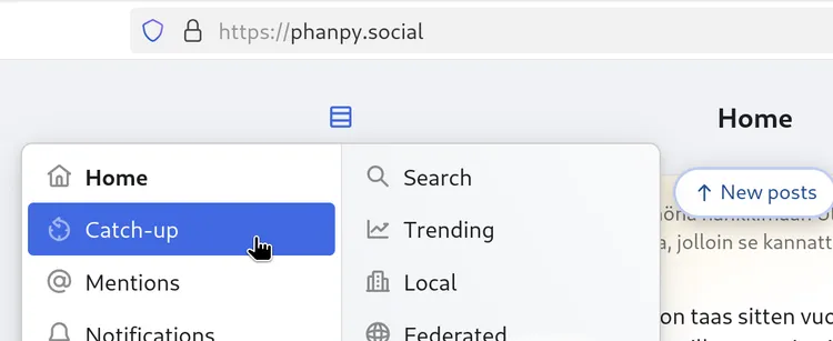 Catch-up is the second item in Phanpy's main menu.