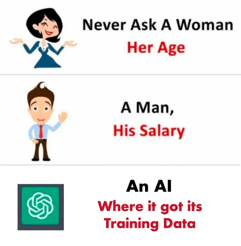 *Never Ask meme template*

.. A woman her age

-- A man his salary

.. An AI where it got its training data