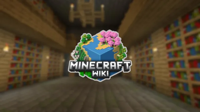 A background consisting of blurred Minecraft stronghold library with Minecraft Wiki logo in the center designed by oakar567