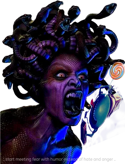 a lolly for Medusa?

.. start meeting fear with humor instead of hate and anger ..

by A. Traveler