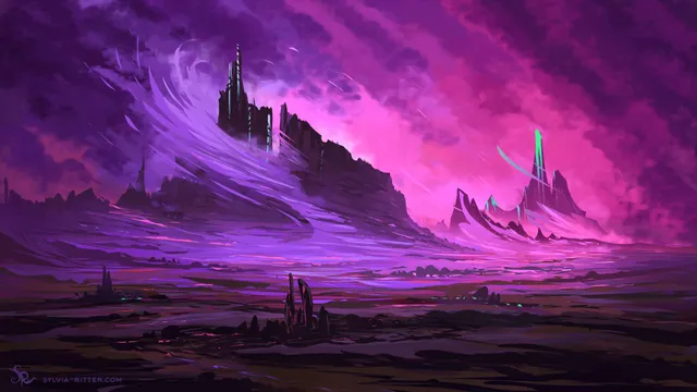 A fantasy sci-fi landscape. Mostly calm. In the foreground, we can see small cities at night. This mysterious planet has green vegetation and we travel from a warmer pink area to the colder mountain ranges. Someone has managed to build the main cities in these mountains. The purple wind creates a bridge between the valley and mountain tops. https://www.deviantart.com/sylviaritter/art/Speedpainting-01122024-1128429919

