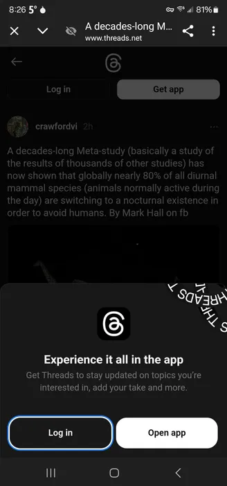 Screen shot of threads page saying to download the app orvlig in to view the content.