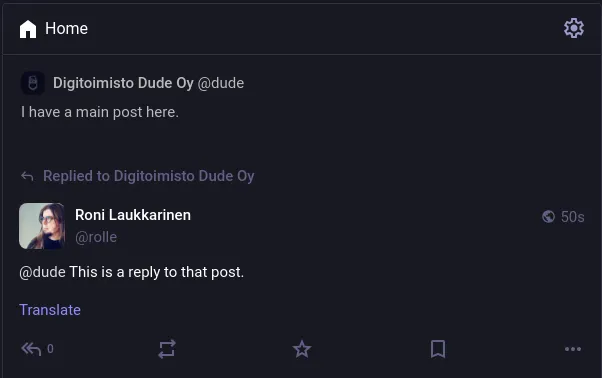 "I have a main post here."
"@dude this is a reply to that post"
Dev environment in Mastodon main feed.