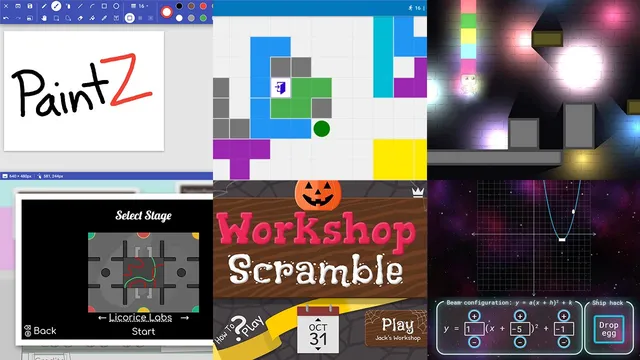 Screenshots of PaintZ, TetrEscape, Blocks, Banana Split, Workshop Scramble, and Cartesian Catch.