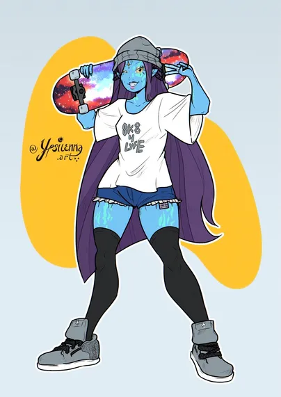 A blue-skinned woman with long purple-ish hair dressed as a skater girl holding a space-themed skating board over her shoulder and striking a pose.