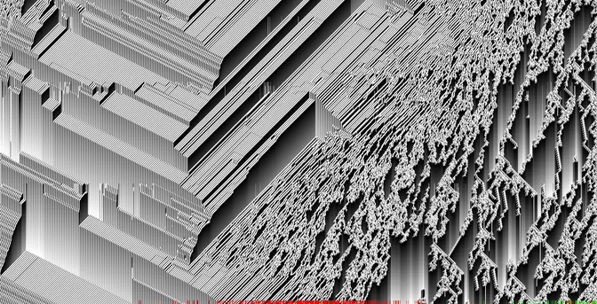 Multiple 1D cellular automata interacting with each other. Some of the automata (LHS) produce architectural structures, whereas the ones on the right produce more "organic", branching forms.... There's a smooth transition & mix of patterns in the interaction zone...