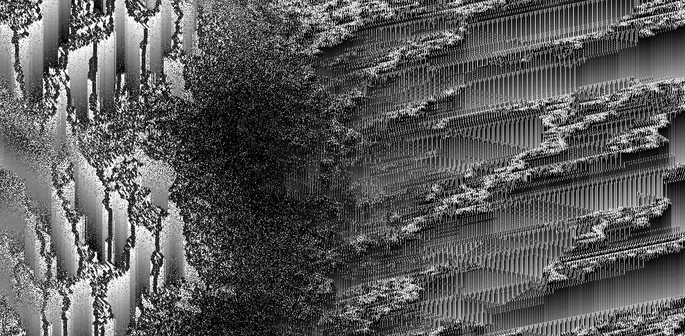 Multiple 1D cellular automata interacting with each other. Again various different rules, transition zones and emerging structures. The interactions here create quite noisy, only short-lived micro patterns...