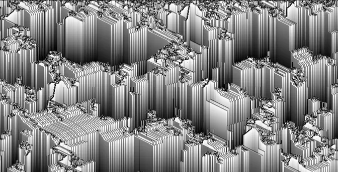 Single 1D cellular automata, creating a city-like landscape with an almost 3D shading (due to the chosen LUT to visualize cell states)