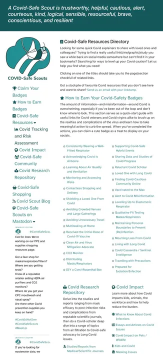 Screenshot from the Covid-Safe Scouts website. The Covid-Safe Resources Directory page shows various resources and links related to COVID-19 safety, including sections on earning Covid-safety badges, tracking Covid risks, and information on Covid impact.