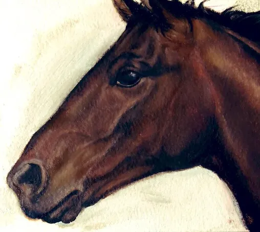 Realistic oil painting of a bay (brown) horse’s head, viewed from the side against a white background.