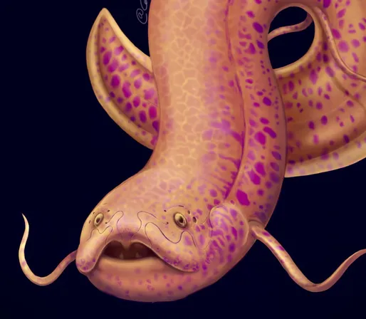 Digital illustration of an African lungfish with an unnatural orange-purple-pink color scheme against a dark blue background.