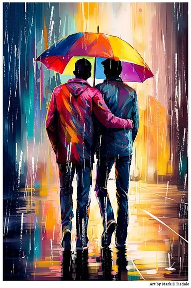 Colorful artwork that shows two men under an umbrella together in the rain. They are seen from behind and the umbrella is casting  a shadow across their heads silhouetting them. 