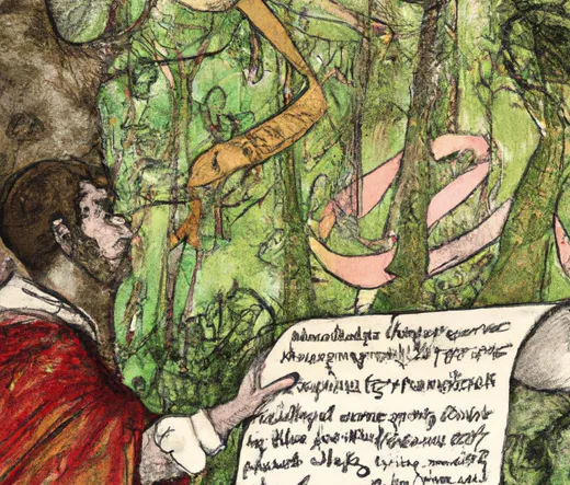 A color ink drawing of a person in a fairy tale style woods. They are holding a scroll with writing on it.