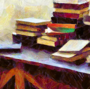 a painting of books piled on a table