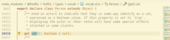 A screenshot of a code editor showing a TypeScript class Person with a property get cat(): boolean | null. The accompanying comment explains that the property is "used on actors to indicate that they in some way identify as a cat, expressed as a boolean value. If this property is set to true, displaying the actor or their notes will have some special effects attached in some clients."