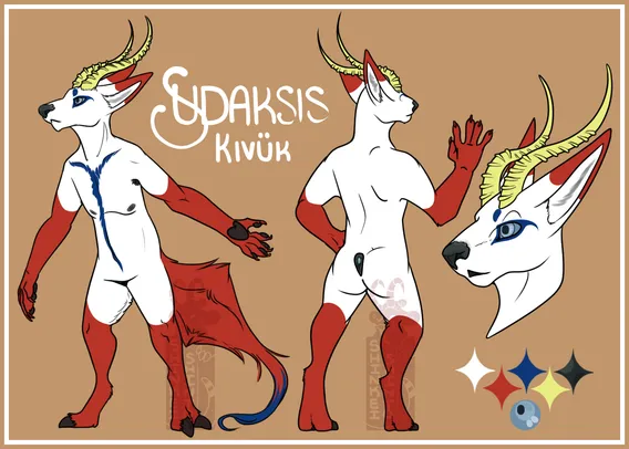 Reference sheet of my character. He is a Kivük (like kee-vook) which is my own made up species. It is an anthropomorphic creature that is mostly humanoid shaped but with digitigrade hooved feet like an ibex, fox like head, long horns like an antelope, short and coarse fur that is white expect for the extremities which are red, hands with paw pads and canid-like nails, and a kite shaped tail with a blue furred wispy tip. There are blue markings around the eyes, envoking more Egyptian makeup, with steely grayish-blue eyes with lighter blue sclera. There is a front facing pose, back facing pose, and a headshot depicted as well as a color palette in the corner. Text reads: "Sudaksis" and below it "Kivük".