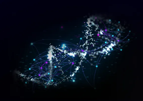 Editorial illustration of a network graph in the shape of DNA