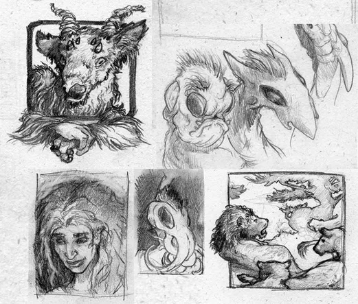 A page of pencil sketches. A goatman leaning on the edge of a frame, weird alien heads, a woman’s face with a mane of hair, an illythid, a pride of lions beneath a stylized tree. 