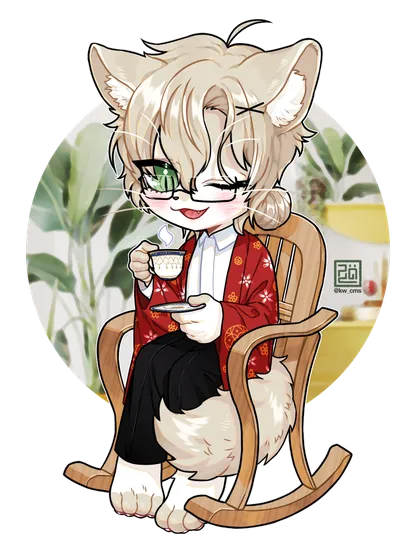 My cat furry OC, Leche, who is sitting on wooden chair, wearing red japanese coat and drinking tea.