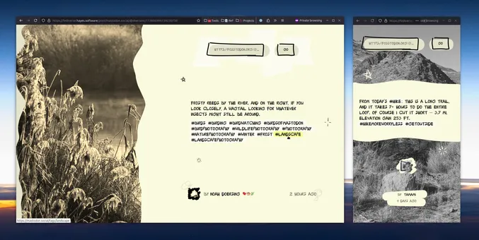 A screenshot showing 2 browser windows, one in landscape format, one in portrait format, to represent desktop and mobile viewports. The design is very yellow and sepia-ish showing a toot and an image next to it. A lot of brush and marker strokes are incorporated into the design. Otherwise the design is minimal.