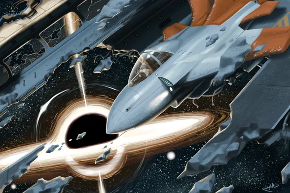 A fox pilots a space plane through a debris field in front of a quasar.