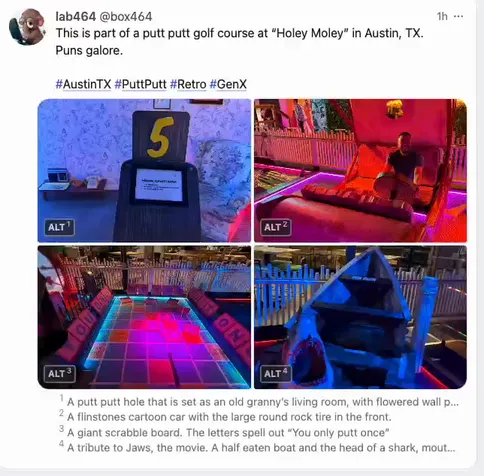 A video of a specific post on Mastodon, as seen on the Phanpy Web Client. As the user mouses over each image, the alt text description below the images is highlighted.