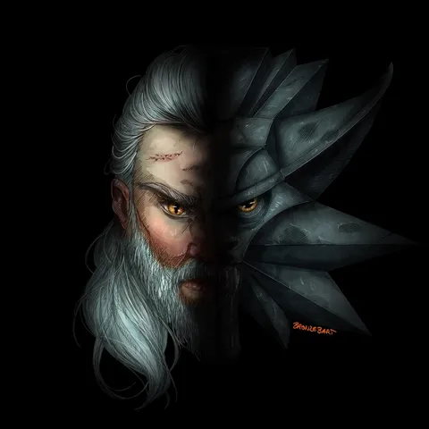 Portrait of Geralt the Witcher in the left, on the right his wolf medallion 