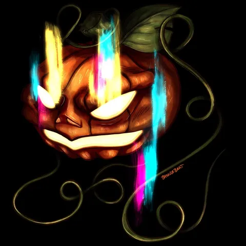 An illustrated pumpkin monster with glowing eyes and mouth