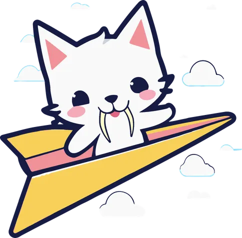 Dessin vectoriel d'un petit chat mignon qui vole sur un avion en papier dans les nuages. Il est blanc, joues et intérieur des oreilles roses, il tire la langue et a deux dents sabres (smilodon). Il sourit en nous regardant.