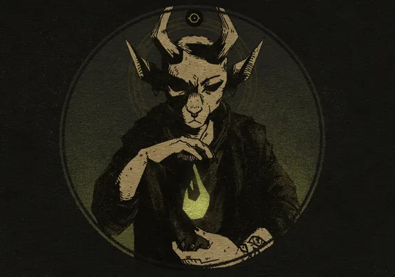 An illustration of a pale demon character in a dark circular frame. The character is wearing a dark robe, and is conjuring a green flame in their hands. A small symbol of an eye floats above their head.