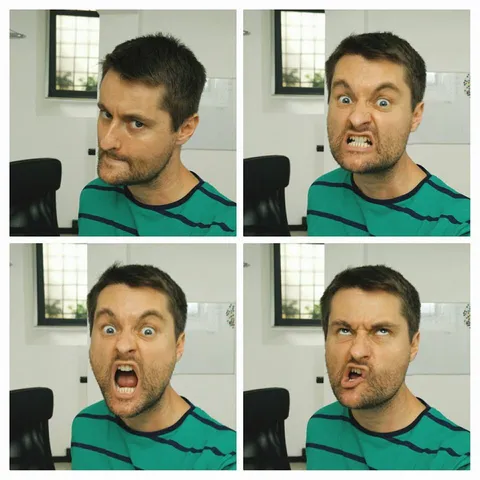 Four pictures of the same man making stupid facial expressions