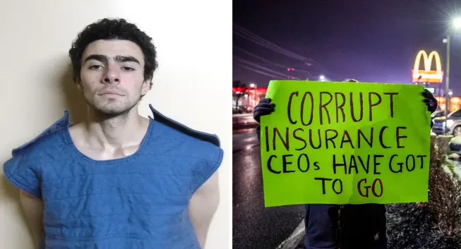 SUSPECT IN THE MURDER OF BRIAN THOMPSON LUIGI MANGIONE (LEFT) 
A PROTESTER OUTSIDE THE MCDONALDS WHERE HE WAS ARRESTED holds sign:
CORRUPT INSURANCE CEOs HAVE GOT TO GO 

(IMAGES: EPA)
